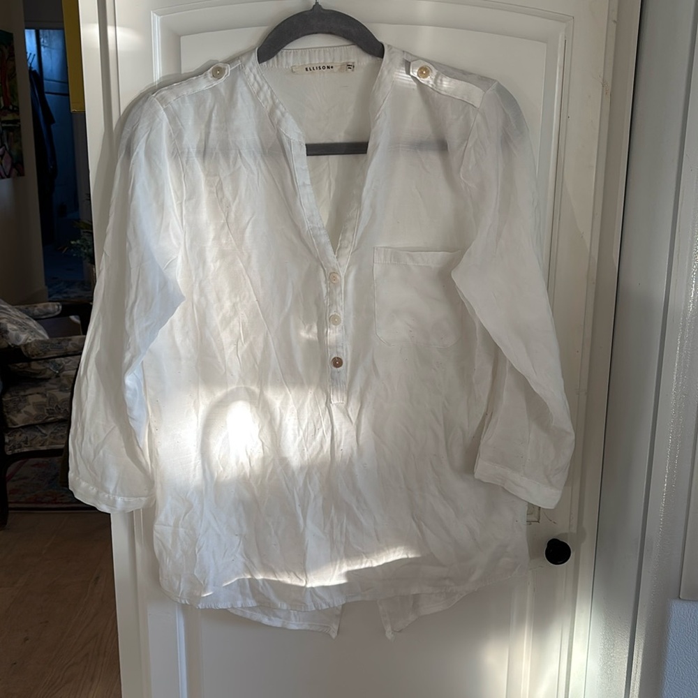 Ellison 3/4 sleeve white sheer 3/4 button down small pocket